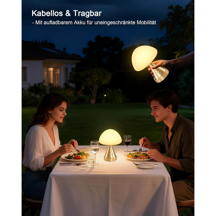 Бездротова настільна лампа-грибок, акумуляторна, з сенсорним регулюванням яскравості, мініатюрна золота атмосфера для спальні, їдальні, патіо, ванної кімнати