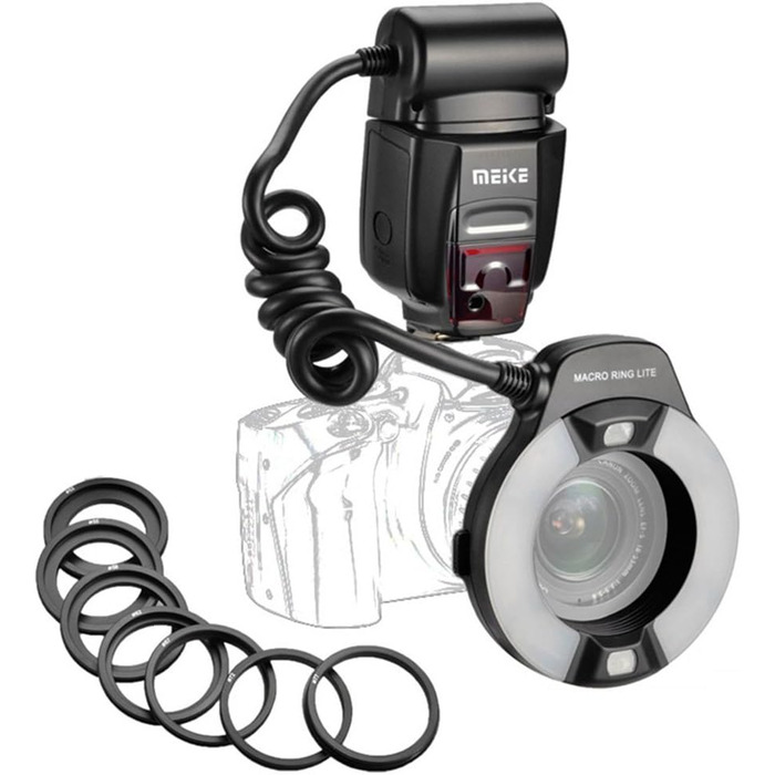 Meike MK-14EXT LED E-TTL кільцева спалах для Canon - 8 адаптерних кілець