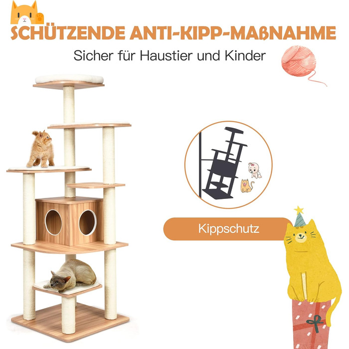 Кліматичний комплекс для котів GOPLUS Katzenbaum 175 см: 6 платформ, дерев'яна печера, ігровий комплекс, котячі меблі