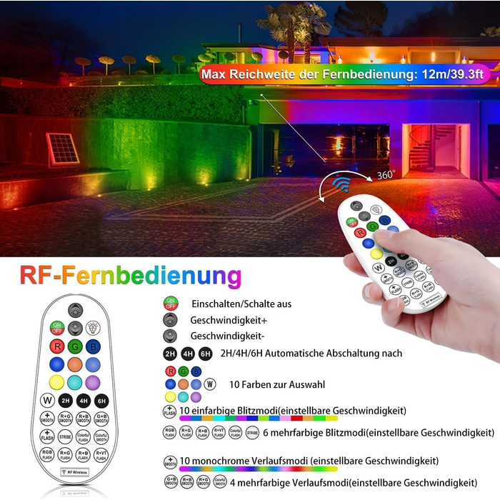 MEIKEE Solar Lights for Outdoors with Remote Control, 10 Colors, 30 Cycle Modes, Garden Lighting, Colorful, Auto ON/OFF Timer, Garden Light, IP66 Waterproof Solar Spotlights for Outdoors, Garden, Path, Trees, Balcony, 6 Pack