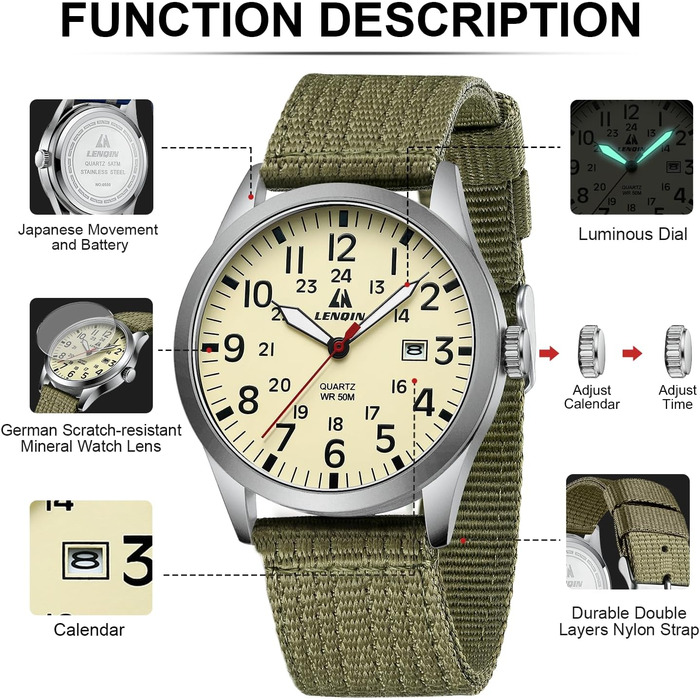Годинник чоловічий LN LENQIN Military 30M водонепроникні, аналогові кварцові годинники з датою, нейлоновий ремінь, тактичний спортивний годинник (06- світло-зелений сріблястий жовтий)