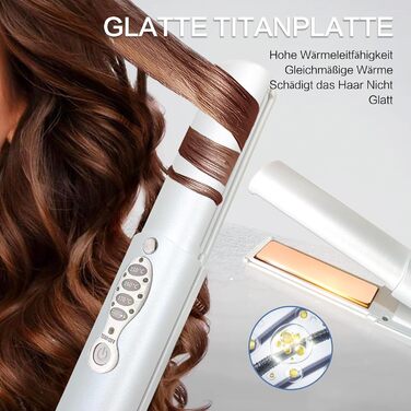 Бездротовий випрямляч для волосся з акумулятором 5000mAh, титанове покриття, 2 в 1 (випрямляч та локони), міні, для подорожей, 3 температурні режими, швидкий нагрів, для всіх типів волосся (білий)