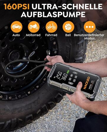 Powerbank для автомобіля з компресором 160PSI та пусковим струмом 12V (бензин/до 12L дизель) з LED-ліхтарем та LCD-дисплеєм