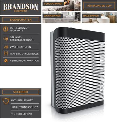 Електричний обігрівач Brandson: тихий, енергоефективний керамічний нагрівач з термостатом та захистом від перегріву. Ідеально для ванної, спальні, вітальні. Сертифікат GS безпеки.