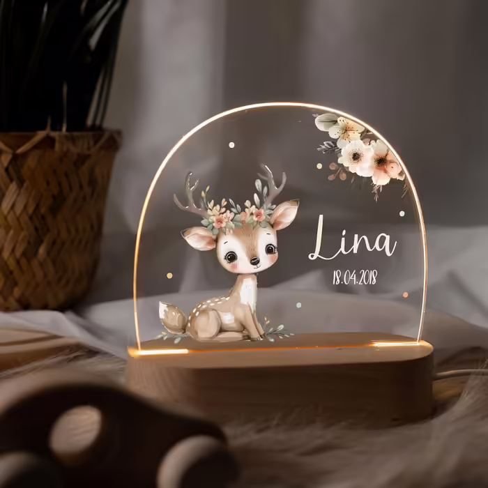Night light for children with desired name, personalized night lamp dimmable - With a cute animal motif as personalized gifts for children for baptism, birth, Easter & baby gifts (Fawn)