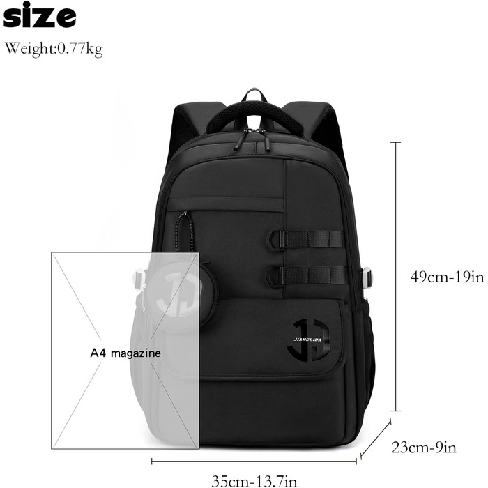 Водонепроникний шкільний рюкзак JANSBEN для підлітків (хлопців та дівчат), багатоклековий дизайн для школи та подорожей, ідеальний для 5 класу, чорний