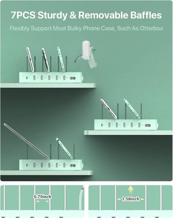 Зарядна станція SooPii USB 60W/12A, 6 портів, органайзер для декількох пристроїв з тримачем для Apple Watch, 6 кабелів для телефонів, планшетів та інших електронних пристроїв. Зелена