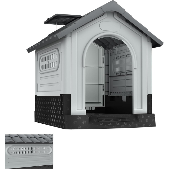 Будка для собак з пластику з дверми, дахами, вентиляційними гратами та піднятим дном, 79,5 x 70,5 x 78 см