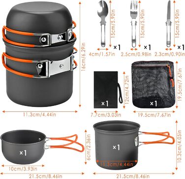 Набір посуду для кемпінгу та приготування їжі на природі (1-2 особи), легкий, для туризму та подорожей