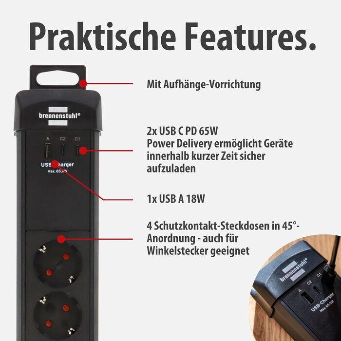Бренненштуль Premium-Line Розподільник розеток 4-портовий з 2x USB-C PD 65W та USB-A 18W (Made in Germany), з вимикачем та кабелем 3м, для настінного монтажу, чорний