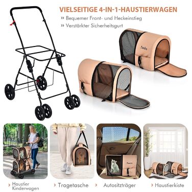 Візок для собак та котів COSTWAY 2-ярусний, до 16 кг, з сіткою, тримачем для напоїв та зчіпкою (Бежевий)