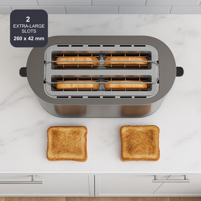 Тостер BLACK+DECKER BXTO1960E з цифровим керуванням, 1960 Вт, 6 рівнів підсмажування, 4 відділення, функції: стоп, підігрів та розморожування, автоматичне центрування, підігрівач для тостів