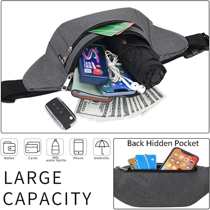Поясна сумка на пояс, нагрудна сумка, спортивна сумка для чоловіків та жінок, водовідштовхувальна, Doggy Bag, велика, для телефону, через плече, для кемпінгу, піших прогулянок, фітнесу, велосипеда, бігу (темно-сірий)