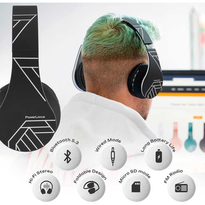 Bluetooth навушники PowerLocus Over Ear бездротові складні навушники On Ear з мікрофоном для iPhone, Android, PC (Чорний/Срібний)