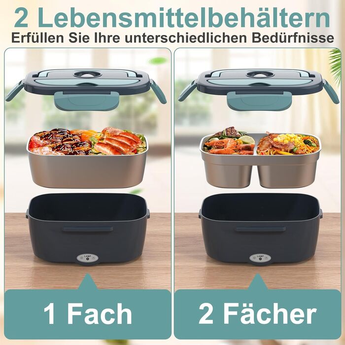 Електрична ланчбокс 1.5л для дорослих, 80W, з термосумкою та столовими приборами, нержавіюча сталь, блакитна, для авто/офісу