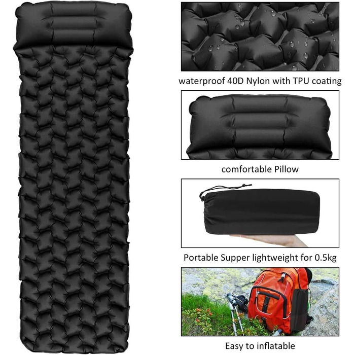 Ultralight Inflatable Camping Mat with Pillow - Waterproof Folding Air Mattress for Camping, Hiking, Travel & Backpacking - Black