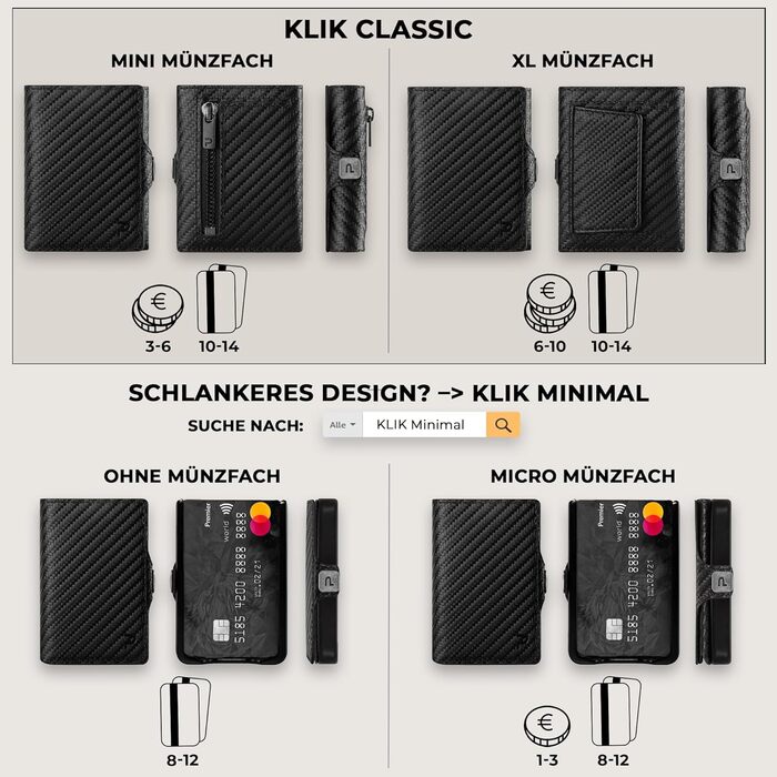 Гаманець чоловічий PURISTO KLIK Classic Slim з відділом для монет - мініатюрний гаманець з натуральної шкіри з RFID-захистом для 10-14 карт - карбоновий дизайн