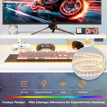 Кутовий ігровий стіл 140 см, білий, з надбудовою, LED-підсвіткою та USB-портом