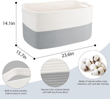 MEGASKET Великий прямокутний плетений кошик для зберігання 59,9×43,2×30,5 см, для пледів, рушників, іграшок, білизни, дитячий кошик для дому, сірий