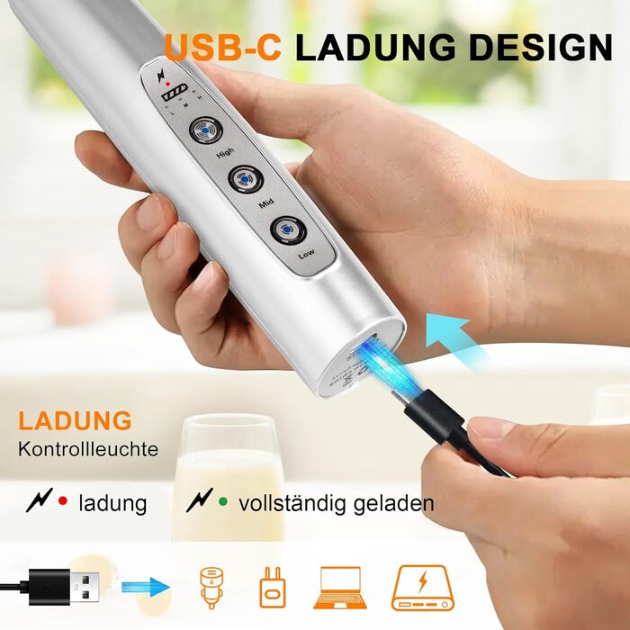 Електричний пінощікач для кави YUSWKO, USB, 3 насадки, 3 швидкості, для лате, капучино, без підставки (срібний)