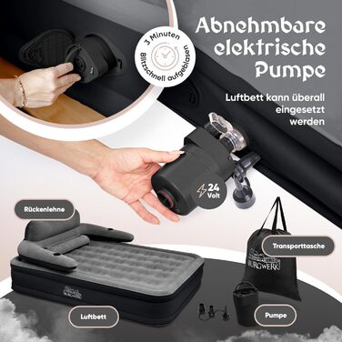 Надувне ліжко 3-в-1 | Гостьове та кемпінгове ліжко | Надувна матрац з електропомпою 150x200 | Самостійно надувна ліжко (2 особи, Чорний/Антрацит)