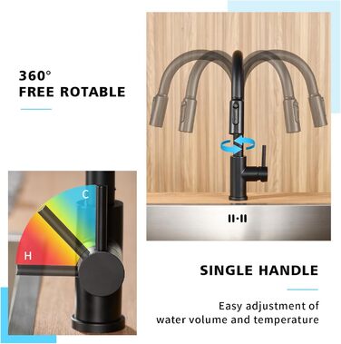 Кухонний змішувач CREA з висувною лійкою, 360° обертання, 3-х режимний, матовий чорний