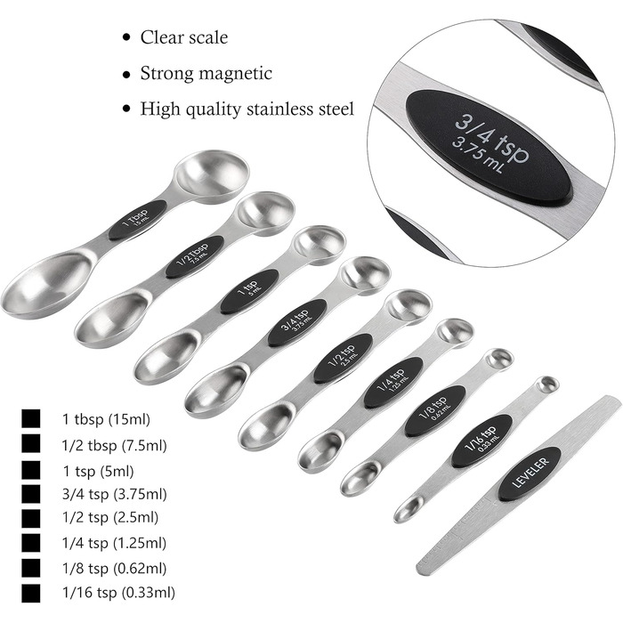 Measuring cup and spoon set, stainless steel, includes 8 sturdy measuring cups, 8 double-sided magnetic measuring spoons, and 1 leveler for dry and liquid ingredients