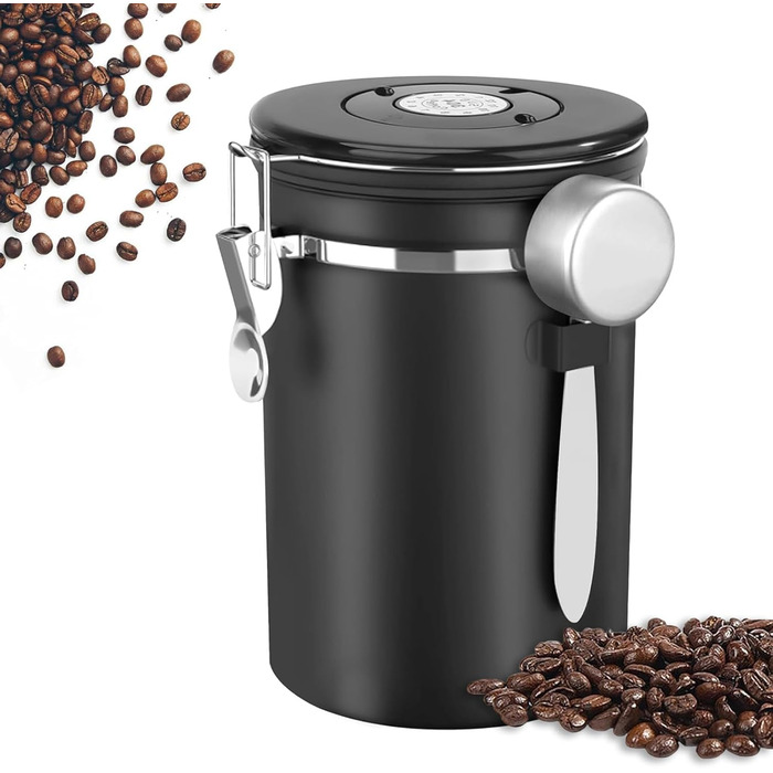 Герметична кавова банка з нержавіючої сталі, 1,8 л. З мірною ложкою та індикатором дати. Для кави, чаю, горіхів, какао. Зберігає свіжість надовго. Білий (Чорний) колір