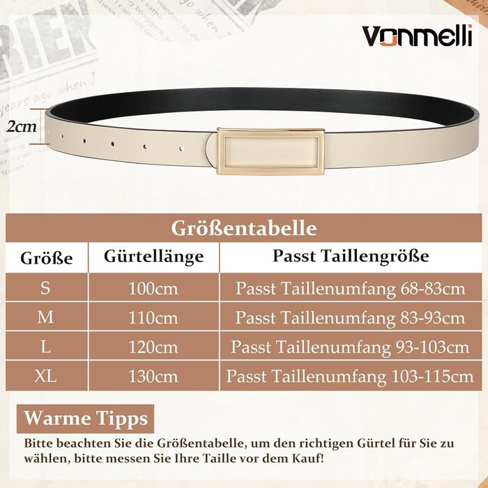 Жіночий ремінь VONMELLI вузький двосторонній шкіряний, чорний/бежевий, 120 см (талія 93-103 см) для суконь, джинсів, штанів із золотою пряжкою