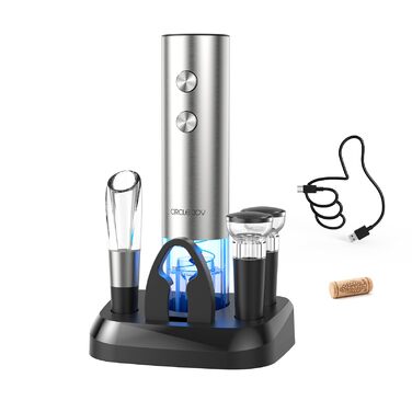 Електричний відкривачка вин CIRCLE JOY 6-в-1 з зарядною станцією, набір з нержавіючої сталі, з різаком фольги, аератором та 2 вакуумними закривачами