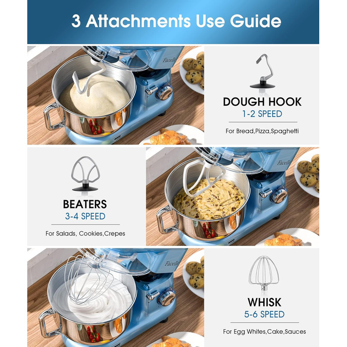 Кухонна машина Facelle 1500W з нержавіючою чашею 6.2L, 6 швидкостей, комплект насадок (міксер, гак для тіста, вінчик, сплеск-захист), блакитна