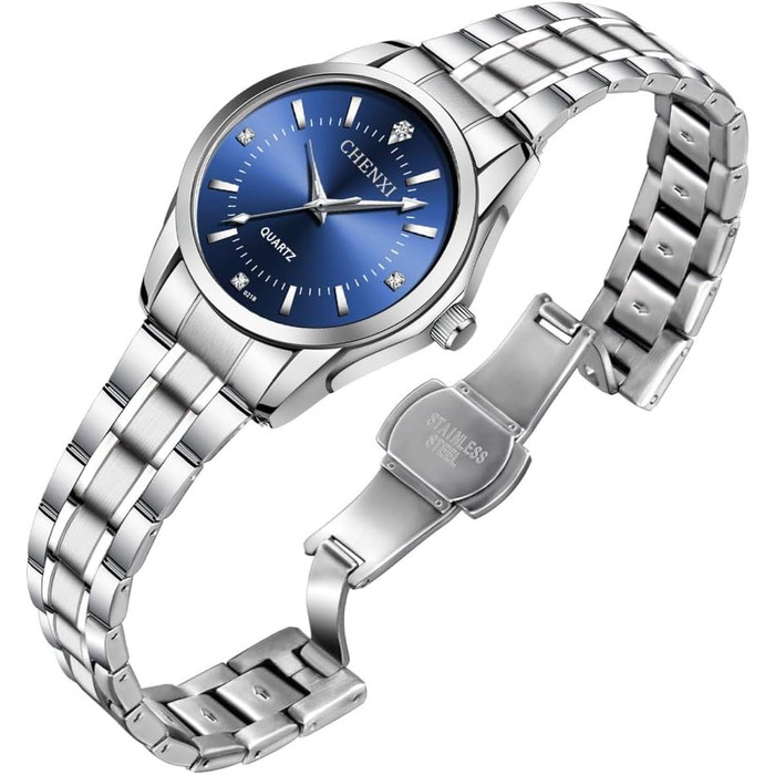 Жіночий аналоговий кварцовий годинник з нержавіючою сталею, 3 стрілки, корпус 27 мм (срібний, темно-синій)