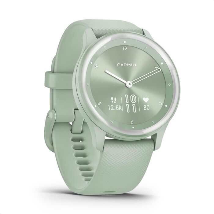 Garmin vívomove Sport - смарт-годинник з аналоговими стрілками та сенсорним дисплеєм. Функції спорту та здоров'я, сповіщення зі смартфона та до 5 днів роботи від акумулятора. Колір: м'ятний
