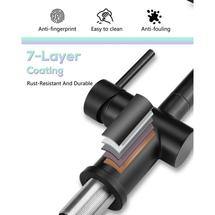 Змішувач кухонний з висувною лійкою, чорний, з двома режимами струменя, 360° обертання, з нержавіючої сталі