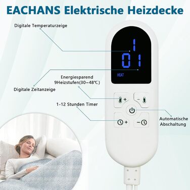 Електрична ковдра Eachans 180x150 см з автовимкненням, 9 рівнів нагріву, таймер 1-12 год, пральна фланелева Sherpa ковдра для ліжка та дивану, підігріваюча ковдра, плед (120*150 см)