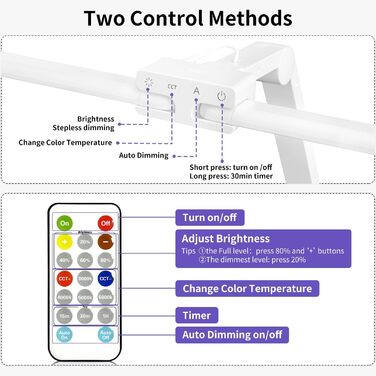 LED лампа настільна KableRika з двома головками, регульована яскравість, 24W, з пульт дистанційного керування, захист очей, для офісу та дому, денне світло, лампа для монітора (біла)