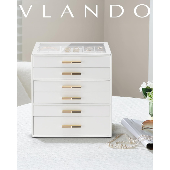 Шкатулка для прикрас Vlando - органайзер з 3 рівнями, 6 відділень, з дзеркалом, білий