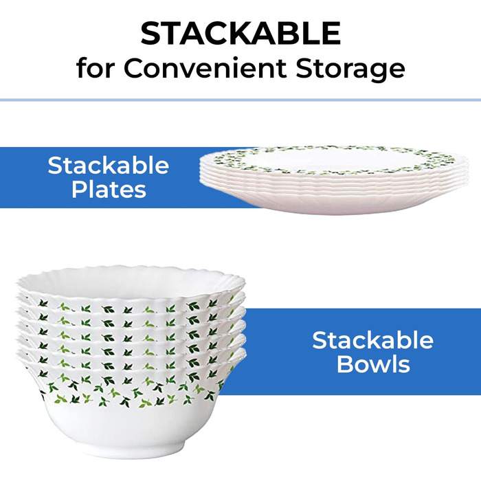 Набір посуду Larah, 35 предметів: тарілки, миски, кришки, ложки, сервіз на 6 осіб, о pal, міцний, легкий, для мікрохвильовки та посудомийної машини, білий з зеленими квітами