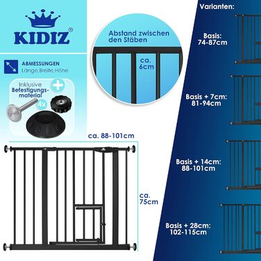 Захисне ворота KIDIZ для котів з люком, захист для дверей, ворота на сходи для дітей без свердління | Зупинка 90°, поворотні, білий колір, ширина (88-101 см)
