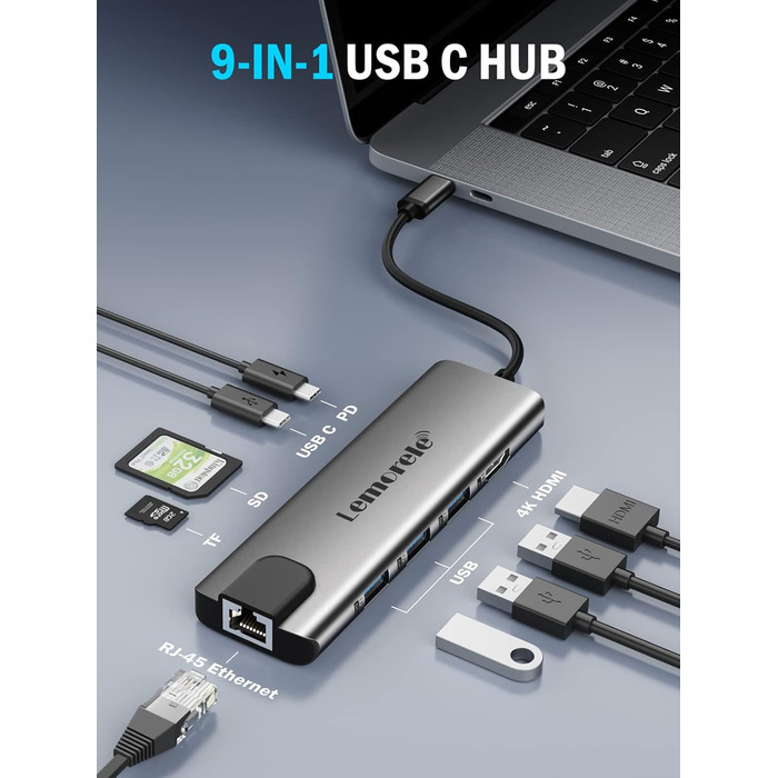 Lemorele Док-станція USB C хаб 9-в-1 з Ethernet: 2xHDMI 4K, 3xUSB 3.0/2.0, VGA, PD 100W, SD/TF, для Windows, MacBook, Dell, HP, Lenovo, Surface