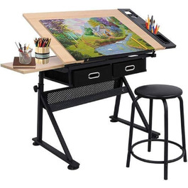 Folding Art Table with Stool and Drawers - Natural Wood Finish