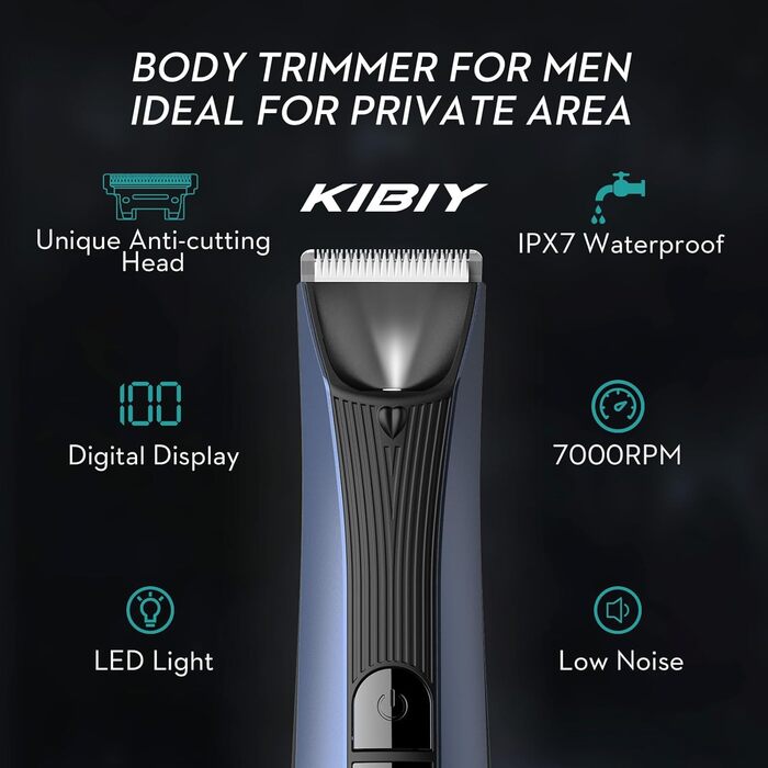 Електричний чоловічий триммер для тіла Kibiy з LED-дисплеєм, IPX7, водонепроникний (синій)