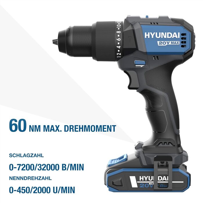 Акумуляторний ударний шурупокрут Hyundai HD20X-60-2A1 | 20V, безщітковий двигун, 60 Nm, патрон 13 мм, 2-швидкісне металеве редуктор, комплект: шурупокрут, акумулятор 2.0Ah, зарядний пристрій, кейс