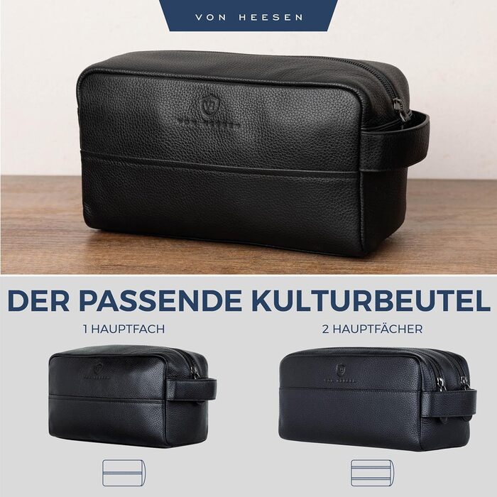 Чоловіча/Жіноча косметичка VON HEESEN з натуральної шкіри - велика дорожня косметичка, валізка для туалетних аксесуарів чорного кольору