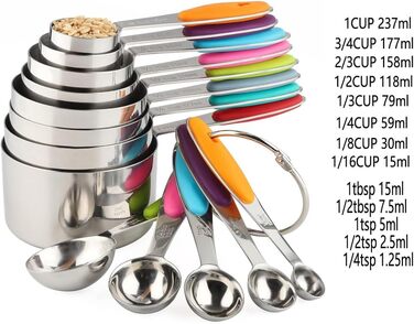 13-Piece Measuring Cup and Spoon Set, Multifunctional Stainless Steel Measuring Spoon with Silicone Handle