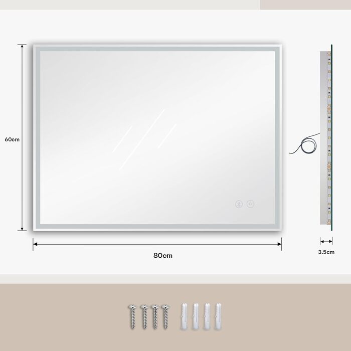 Дзеркало для ванної кімнати з LED-підсвічуванням Dripex, 50x70 см, з сенсорним вимикачем, протизапобігання запотіванню, холодний білий світ (6400K), енергозбереження, Bluetooth, розетка, 3 кольори світла
