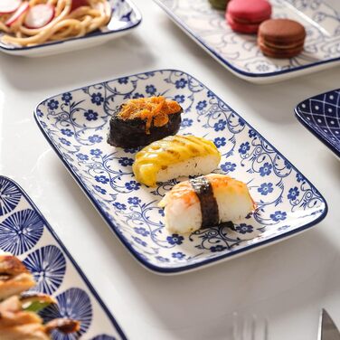 Сервірувальна тарілка Selamica 21 см, прямокутна, набір з 6 шт. для 6 осіб, десертна, для салатів, суші, фруктів, вінтажний синій колір