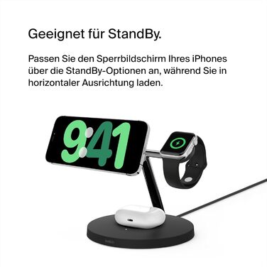 Belkin BoostCharge Pro 3-в-1 Бездротовий зарядний пристрій MagSafe для iPhone 13, Apple Watch та AirPods (15W, Чорний)