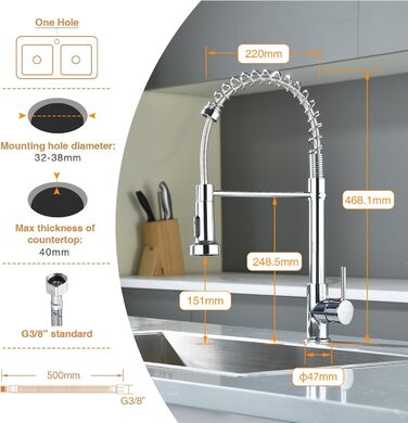 Змішувач кухонний з висувною лійкою, 360° поворот, 2 режими, нержавіюча сталь, хром