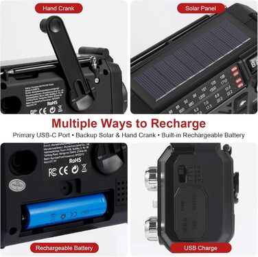 Радіо-приймач Kurbelradio з сонячною панеллю, Powerbank 2600mAh, AM/FM/SW, LED-ліхтарик та SOS-сигналом для надзвичайних ситуацій (Чорний)